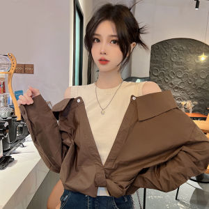 plus Size Color Block Long Sleeve Loose Womens Shirt Shoulder Bared Fake Two-Piece Design Korean Style Commute Fashion