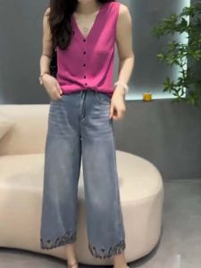 Shalldoer | Korean Style V-Neck Sleeveless Top And Jeans Two-Piece Set Summer Fashion 2025 Polyester Fiber Long Pants Round Neck Overhead