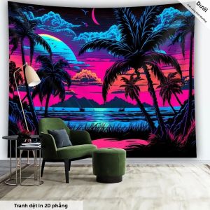 VIKAMA Neon Cây Cọ Bãi Biển Hoàng Hôn Tím Hồng Huỳnh Quang Tấm Thảm Đại Dương Trăng Lưỡi Liềm Retro Synthwave UV Blacklight Polyester Mềm Nghệ Thuật Treo Tường