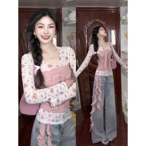 XIANGBAIWEI | Korean Style Sweet Flower Genuine 2-in-1 Waist-Cinching Tied Slim Fit Long Sleeve T-Shirt for Spring