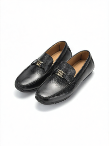Rare | Leather Double R Logo & Crocodile Pattern Black Loafers