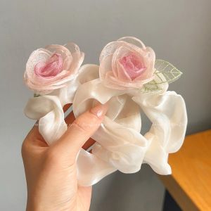 ริบบิ้นผ้าตาข่ายสไตล์ใหม่สำหรับผู้หญิง ริบบิ้นคล้องผมสไตล์ดอกกุหลาบ ที่คาดผมทรงหัวเข็มขัดผ้าตาข่าย เครื่องประดับผม