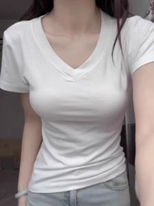 Summer Cotton Basic Short Sleeve V-Neck T-Shirt Women Slim Fit Short Length Spicy Chicken Heart Neck Top Pure Color Ribbed