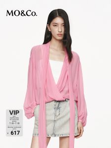MO&Co. | Chiffon Organza Blouse with Deep V-neck Crossed-front and Sash