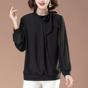 plus Size Loose Fit Cotton Blend Long Sleeve Womens Base Shirt Spring Fashion Anti-Aging Chiffon Top Butterfly Knot Classic Style