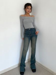 กางเกงยีนส์ทรงขาบานเอวต่ำทรงเข้ารูปสำหรับผู้หญิง ฤดูใบไม้ผลิและฤดูใบไม้ร่วง กางเกงขายาวทรงขากระต่ายทรงเข้ารูป