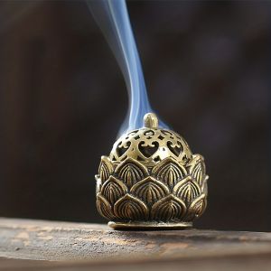 1PC Mini Hollow Lotus Incense Holder Vintage Bronze Indoor Buddha Altar Incense Stand Chinese Traditional Design Home Decor