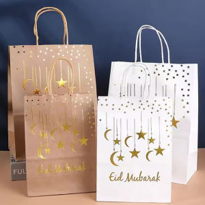 1/5PCS Eid Mubarak Kraft Paper Gift Bags Bronzing Islamic Muslim Festival Party Favor Candy Cookie Bags for Ramadan Decorations