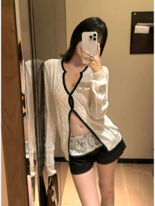 YUEZHONGWEI | French Hollow Out Color Block V Neck Knot Knitted Open Cardigan Womens Early Autumn New Style Slim Split Spicy Top