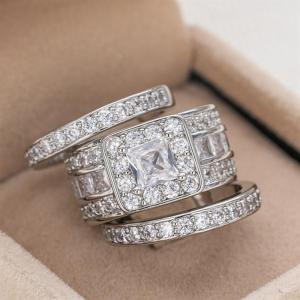 Huitan 3pcs/set Ring for Women Silver Color Wedding Engagement Promise Jewelry Inlaid Bright CZ Trendy Bridal Accessories Set