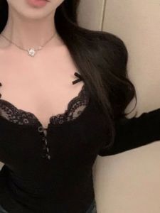 Áo Sơ Mi Dài Tay Ren Viền Cài Nút Thời Trang Đường Phố Mùa Xuân Cho Nữ Áo Thun Cổ Tròn Dài Vừa Vặn Chất Liệu Polyester