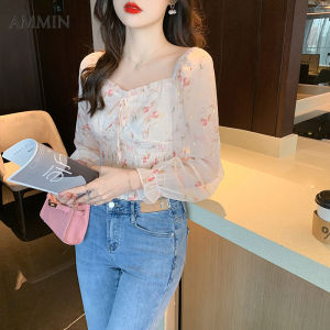 AMMIN 2023 new womens collar waist design floral chiffon shirt Korean style fashion temperament slim puff sleeve printed chiffon top