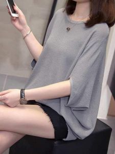 plus Size Womens Ice Silk Knitted Batwing Sleeve T-Shirt Short Sleeve Slimming Top for Plump Sister Spring Summer Fashion