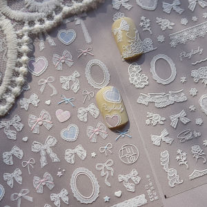 5D Checkered Lace Nail Stickers Fashion Bowknot Ribbon Photo Frame Embossed Self Adhesive Nail Art Stickers Manicure Decals DIY