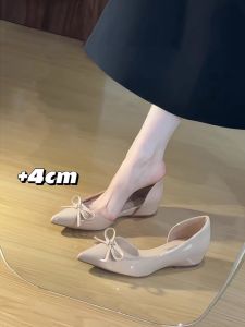 XUJIA | Increased Height Nude Low-Cut Pointed Side Cut Mary Jane Bow Sandals