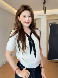 DUOFEIYAN | Korean Style Polka Dot V-Neck Ice Silk Knit Short Sleeve T-Shirt