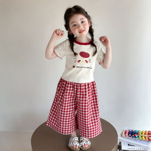Girls Cartoon Short Sleeve Wide Leg Pants Set Summer New Loose Mosquito Proof Baby Clothes Breathable Cotton Sweet Style School Gift