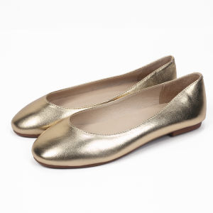 Comfortable Leather Slip-On Flat Heels Spring Summer New Style Gold Silver Color Versatile Womens Shoes round Toe Flat Bottom
