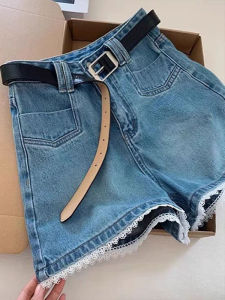 QIANCHANGNAAI | Blue Lace High-Waisted Denim Shorts