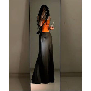 French Vintage Smooth Satin Black Mini Skirt Women Summer 2025 High Waist Slim Fit Versatile Bodycon Long Skirt
