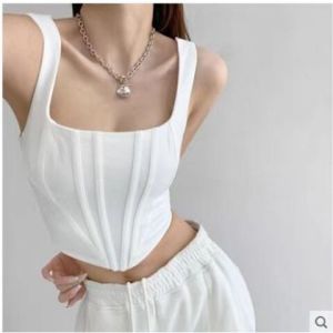 เสื้อครอปผู้หญิงแขนกุดสีล้วนถุงน่องเซ็กซี่คอสี่เหลี่ยม T-shirt-YLK7