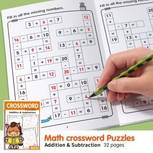 Childrens math crossword puzzle book practice addition and subtraction within 20 Christmas gift