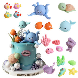 Cake Topper Ocean Deco Octopus Sea Turtle Whale Poofish Manta Ray Children Happy Birthday Party Cake Decoration Baby Shower Gift