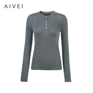 Aivei Grey Knitted Sweater Commute Style Slim Fit Lazy Fashion Autumn Collection Button Detail round Neck Long Sleeve Top