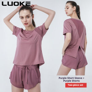 Luoke yoga t-shirt for women Quick Drying Clothes Thin 2 in 1 Shorts Gym Sports Running Clothes Loose 运动裤 2PCS