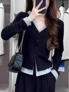 Elegant Unique Black V-Neck Faux Two-Piece Long Sleeve T-shirt