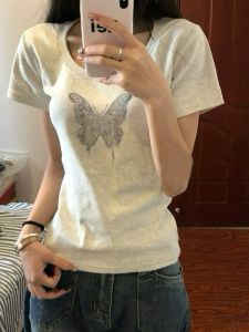 American Retro Butterfly Grey Low round Neck Short Sleeve Womens T-shirt Summer Design Sensation Slim U-neck Top