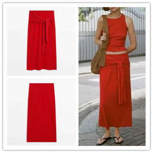 Elegant Red Midi Straight Cut Skirt 2024 Womens Fashion High Waist Tied Waist Ribbon Knitted Half Body Skirts