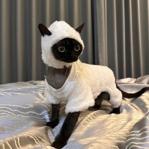 Lovinland Pet Cat Clothing Fashion Sphynx Hairless Cats White Plush Pullover Sweater Jacket Winter Thickened Warm Puppy Coat Outwear Pet Sheep Cosplay Costume