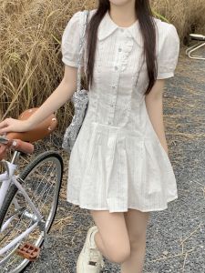 Váy Sơ Mi Tay Bồng Trắng Phong Cách Pháp Mùa Hè Cho Nữ Váy Ngắn Chữ A Eo Thon Gọn Cổ Polo Chất Liệu Cotton Dáng Chữ a