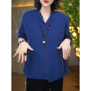 QINGNAER | Elegant Long-sleeved Round-necked Blue Knitted Cardigan