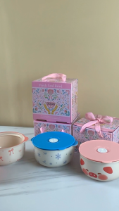 CLOTEE Mangkok Keramik Dengan Tutup Hampers Mangkok Motif / Mangkok Makan Ukuran 14.5 CM