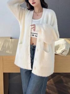 Soft Glutinous Mink Sweater Outwear Female Autumn and Winter Lazy Style Fancy Small Slim Looking Mohair Knitting Cardigan
