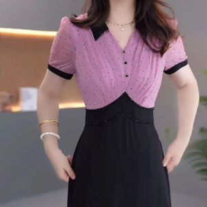 ชุดเดรสผ้าชีฟองหรูหราสำหรับผู้หญิง ฤดูร้อนปี 2025 ชุดเดรสกระโปรงเอวเข้ารูปแขนยาวทรงเอคอวีสีพื้น