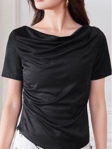 WANGGONGZHU | Slim Fit Short Sleeve T-Shirt Women Summer New Design Thin Acetate Asymmetrical Design Top Princess Style Commute Simple Style