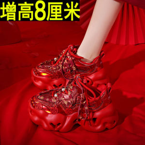 Red Thick Heel Dad Shoes Womens Autumn Winter Heightening 8CM Platform Small Size Sports Marriage Shoes Fashion Casual Shoes