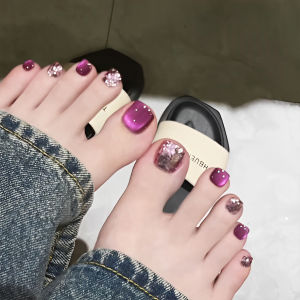 14pcs Glossy Fake Toenails With Sequins Pitaya Color Cat Eye Foot Fake Nails Wearable Glitter Short Square False Toe Nails