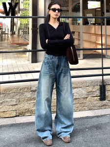 American Retro Blue Wide Leg Denim Jeans Womens Low Waist Loose Slimming Floor-Length Straight Leg Pants Casual Style