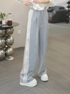 plus Size Lace Splice Casual Pants Womens Summer Lazy Style Sports Sweatpants Slim Wide Leg Pants High Waist Straight Leg