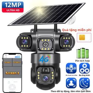 Camera IP 4G Năng Lượng Mặt Trời 12MP 6K Ba Ống Kính Ba Màn Hình Tầm Nhìn Ban Đêm PTZ Giám Sát Video CCTV Với Thẻ SIM Trong Nhà Ngoài Trời