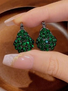 Elegant Green Crystal Earrings Luxury Simple Fashion Diamond Studded Clip-Ons Alloy Gold Plated Korean Style Womens Jewelry