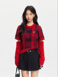 Embroidered Check Knit Sweater Red