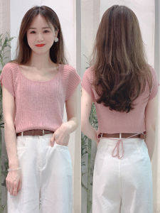 Pink Hollow out Ice Silk Knitted Short Sleeve Womens Top 2025 New Summer Design Back Strap Short Length Korean Style Loose Fit
