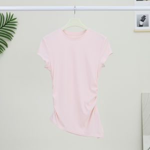 Slim Fit Sporty round Neck T-Shirt Womens Summer New Style Asymmetric Folded Short Sleeve Fitness Wear Breathable Quick Dry