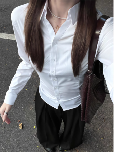 White Long Sleeve V-Neck Professional Shirt Womens Autumn Interview Waist-Cinching Slimming Workwear Iron-Free Cotton Polyester