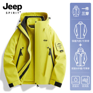 Jeep Spirit Womens Outdoor Fleece Lined Windproof Waterproof Jacket Spring Autumn Three-in-One Hooded Coat Sweet Style Loose Fit